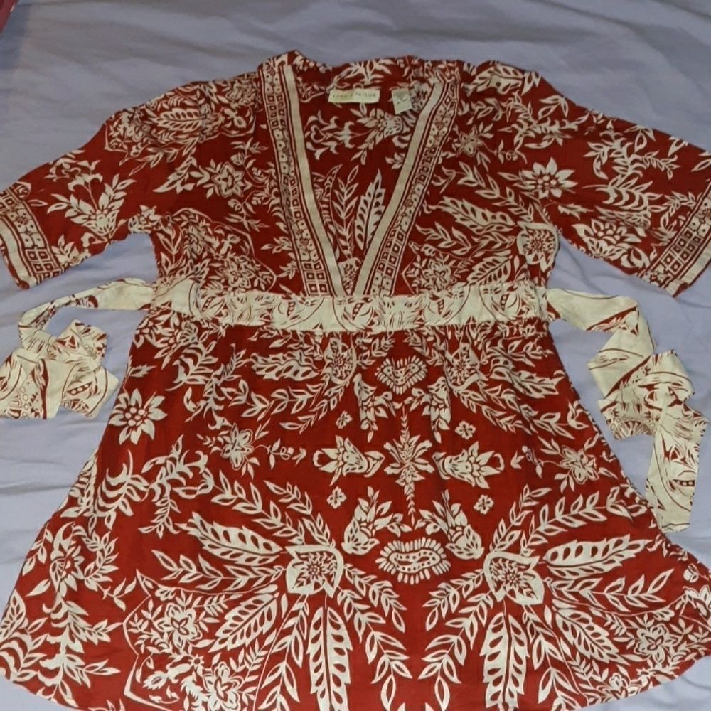 Lord &‎ Taylor Belted Tunic Printed Cotton Top M